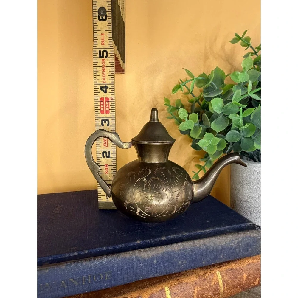 Vintage Etched Brass Mini Teapot Decorative Hand Crafted Floral Design with Lid